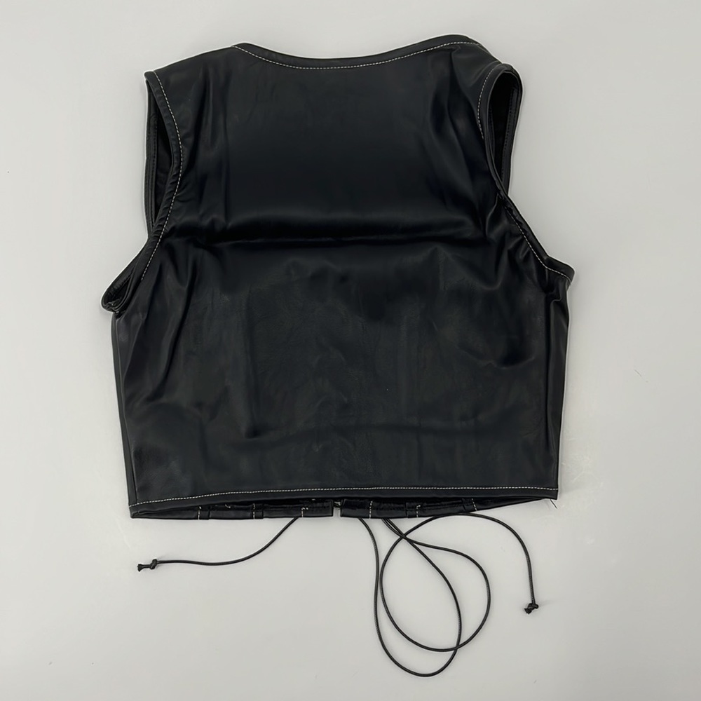 𝅺black Vegan Leather Cropped Tank Corset Lace Up Top Overstitching - Picture 6 of 6